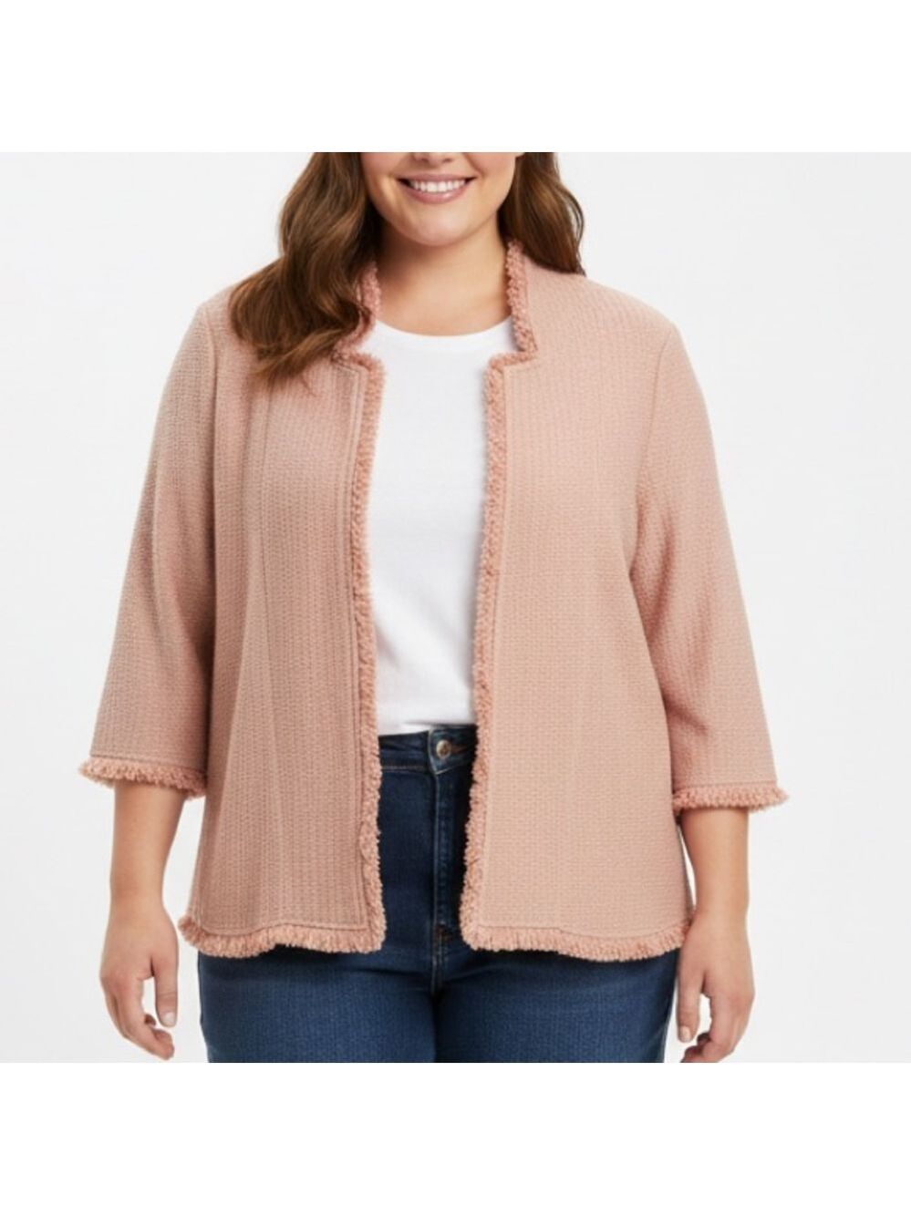 Mystree Fringed Open Front Cardigan Jacket Salmon Pink Large